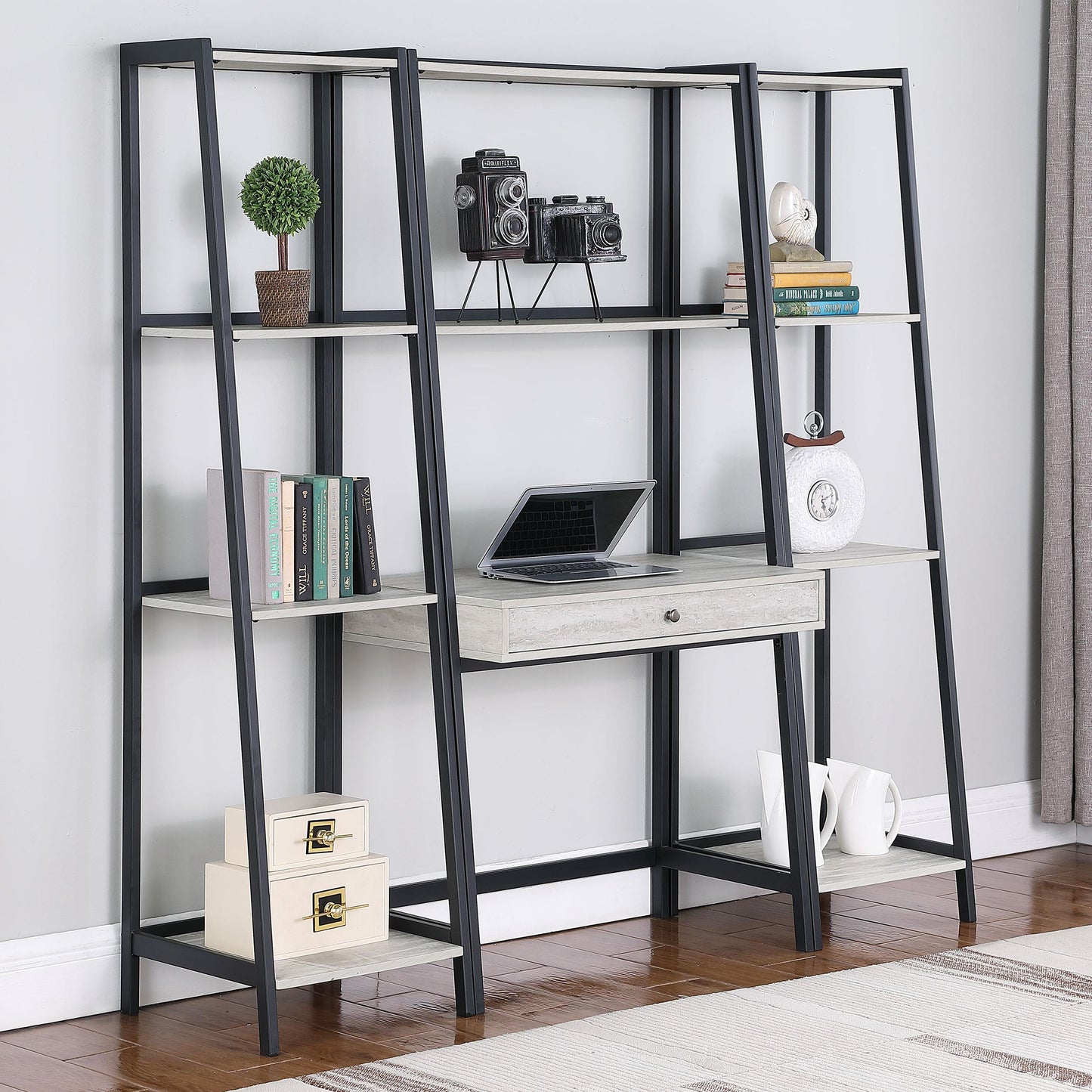 Pinckard 69-inch 4-shelf Bookshelf Grey Stone and Black