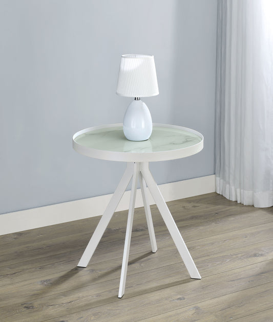 Briggs Round Marble Printed Glass Top End Side Table White