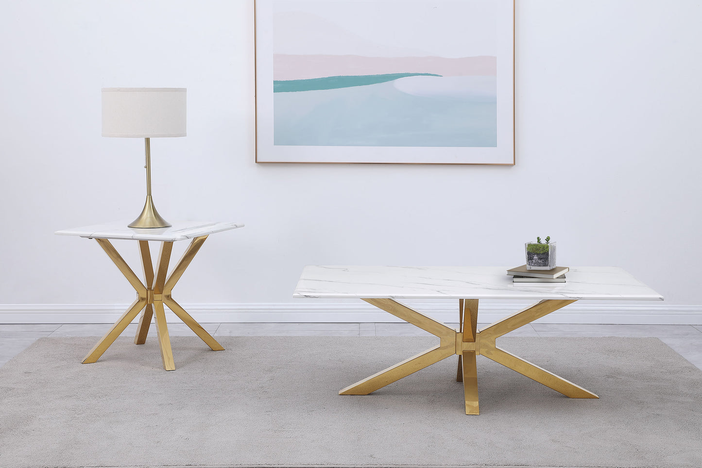Visalia 2-piece Faux Marble Coffee and End Table Set White