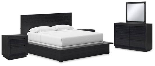 Londer California King Panel Bed with Mirrored Dresser and 2 Nightstands