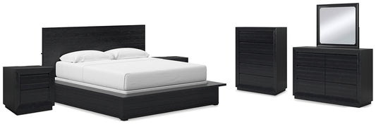 Londer King Panel Bed with Mirrored Dresser, Chest and 2 Nightstands