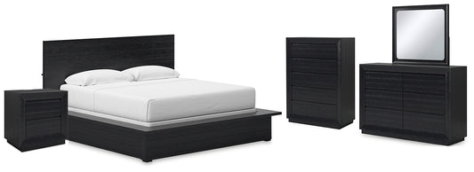 Londer California King Panel Bed with Mirrored Dresser, Chest and Nightstand