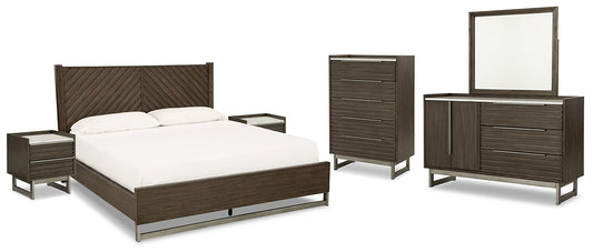 Arkenton California King Panel Bed with Mirrored Dresser, Chest and 2 Nightstands
