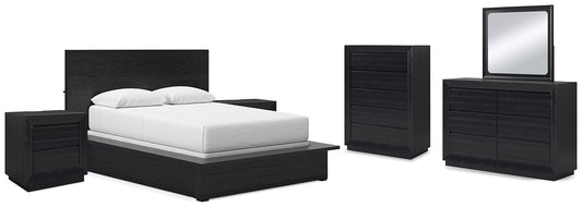 Londer Queen Panel Bed with Mirrored Dresser, Chest and 2 Nightstands